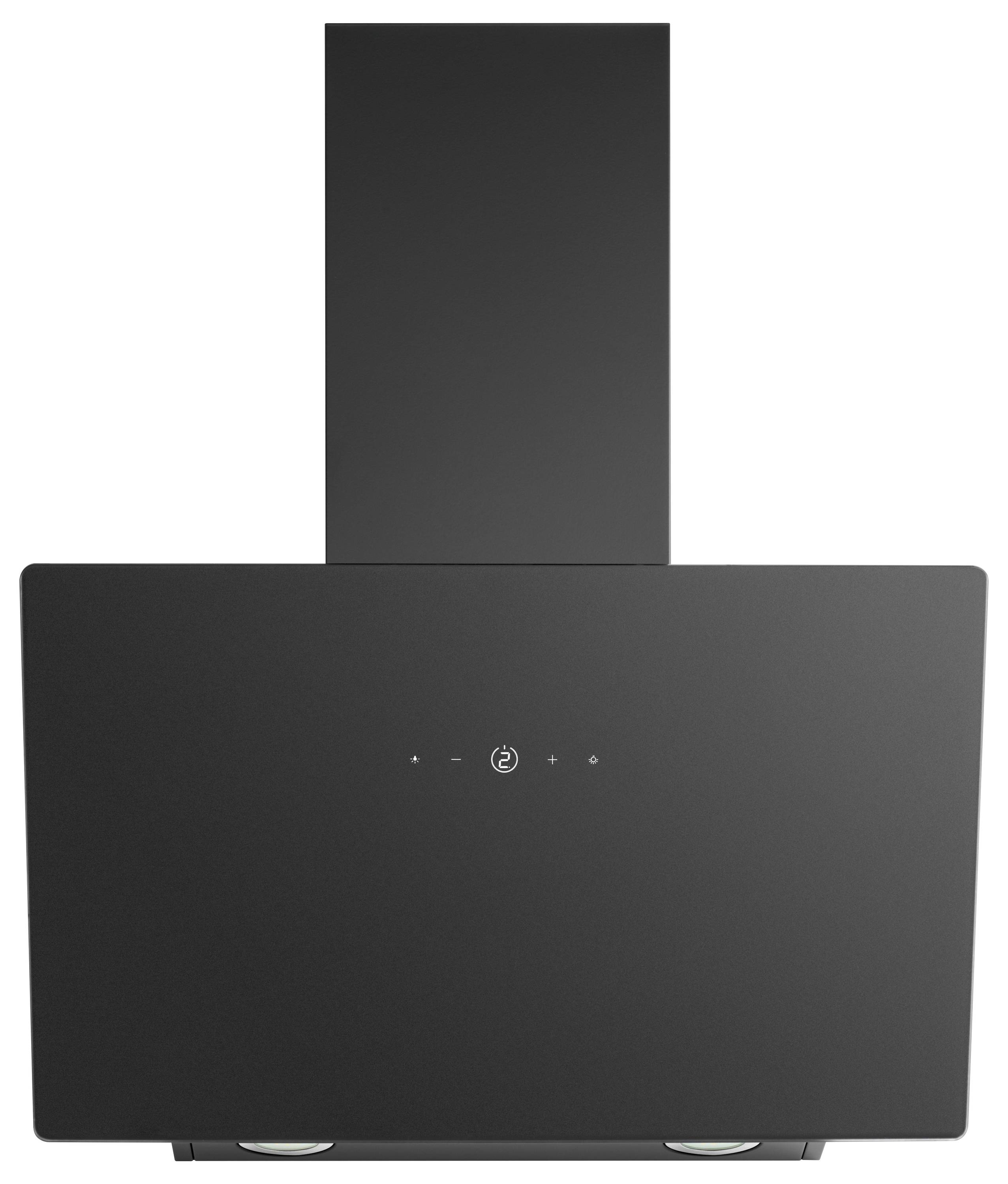 Schwarze, wandmontierte Dunstabzugshaube für die Küche mit breitem rechteckigem Schirm und zentralen Touch-Steuersymbolen.