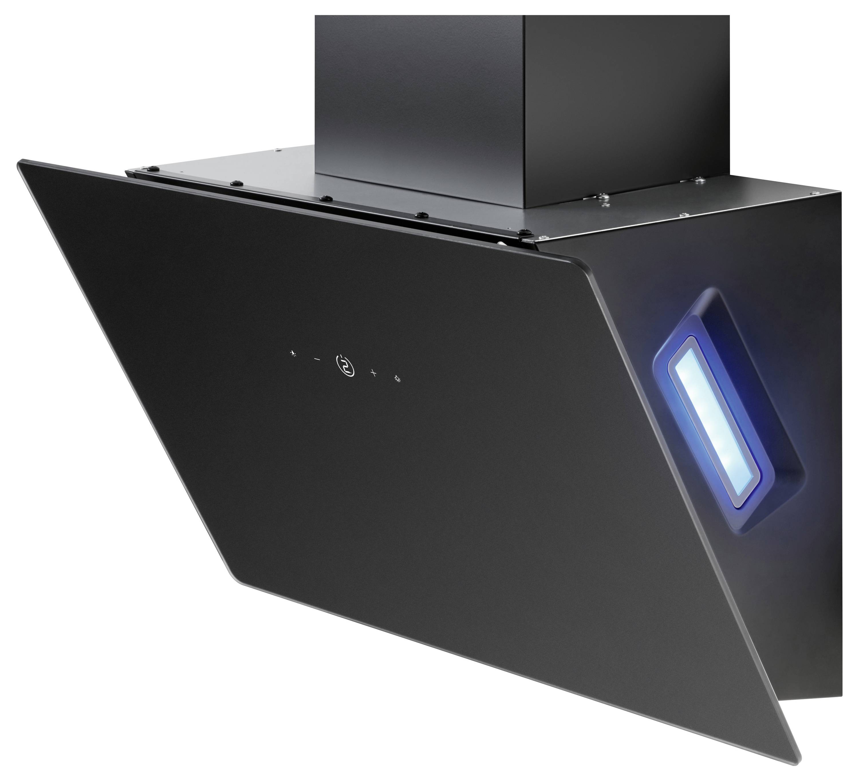 Schwarze, abgewinkelte Dunstabzugshaube für die Küche mit blau beleuchteter Seitenkontrolltafel und zentralem Stromschalter auf der Vorderseite.