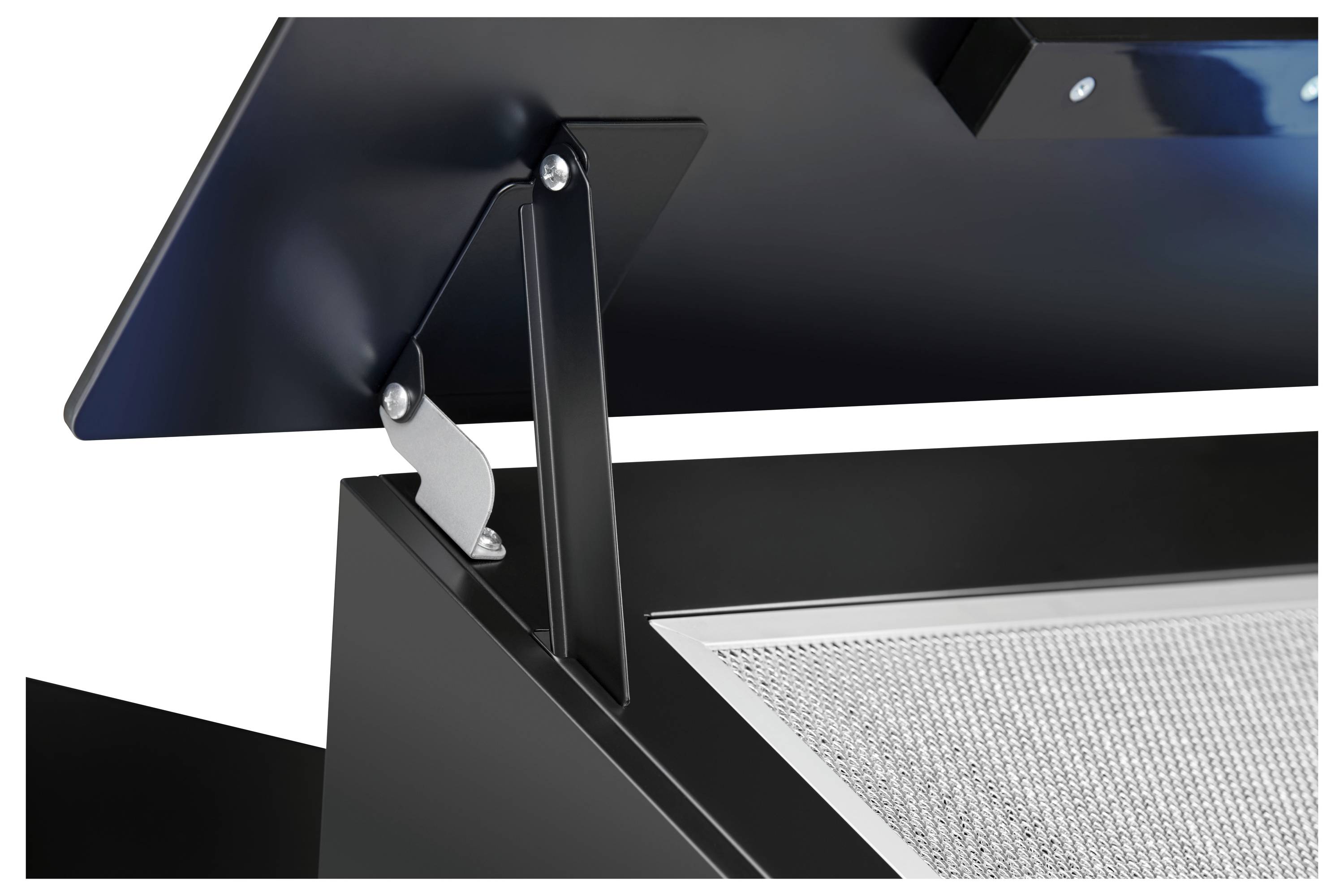 Nahaufnahme eines verstellbaren schwarzen Monitorständers mit Neigungsgelenk und Stützarm auf einer Schreibtischoberfläche.