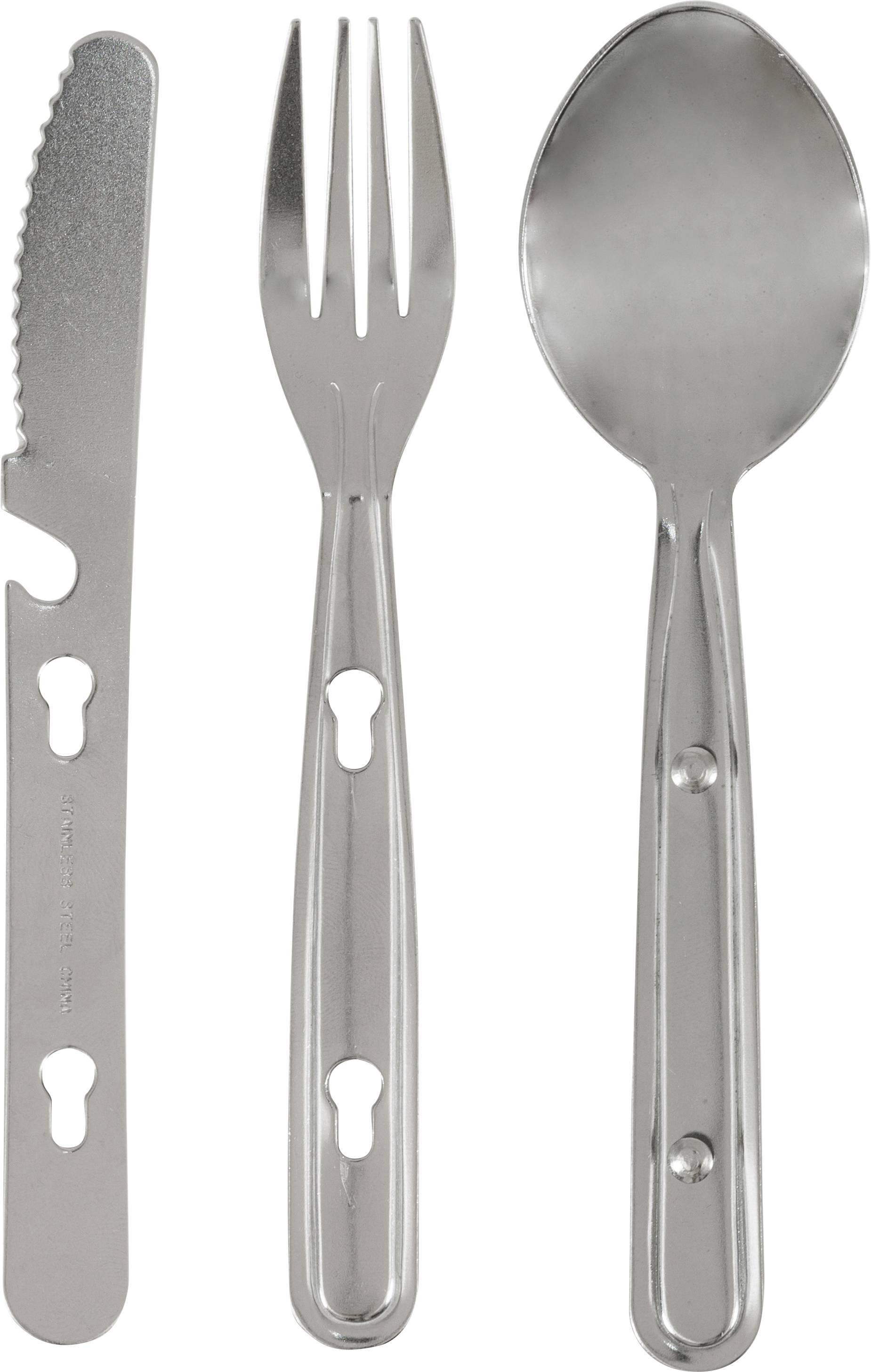 Ein Besteck-Set aus Edelstahl, bestehend aus einem Messer, einer Gabel und einem Löffel, die nebeneinander angeordnet sind.