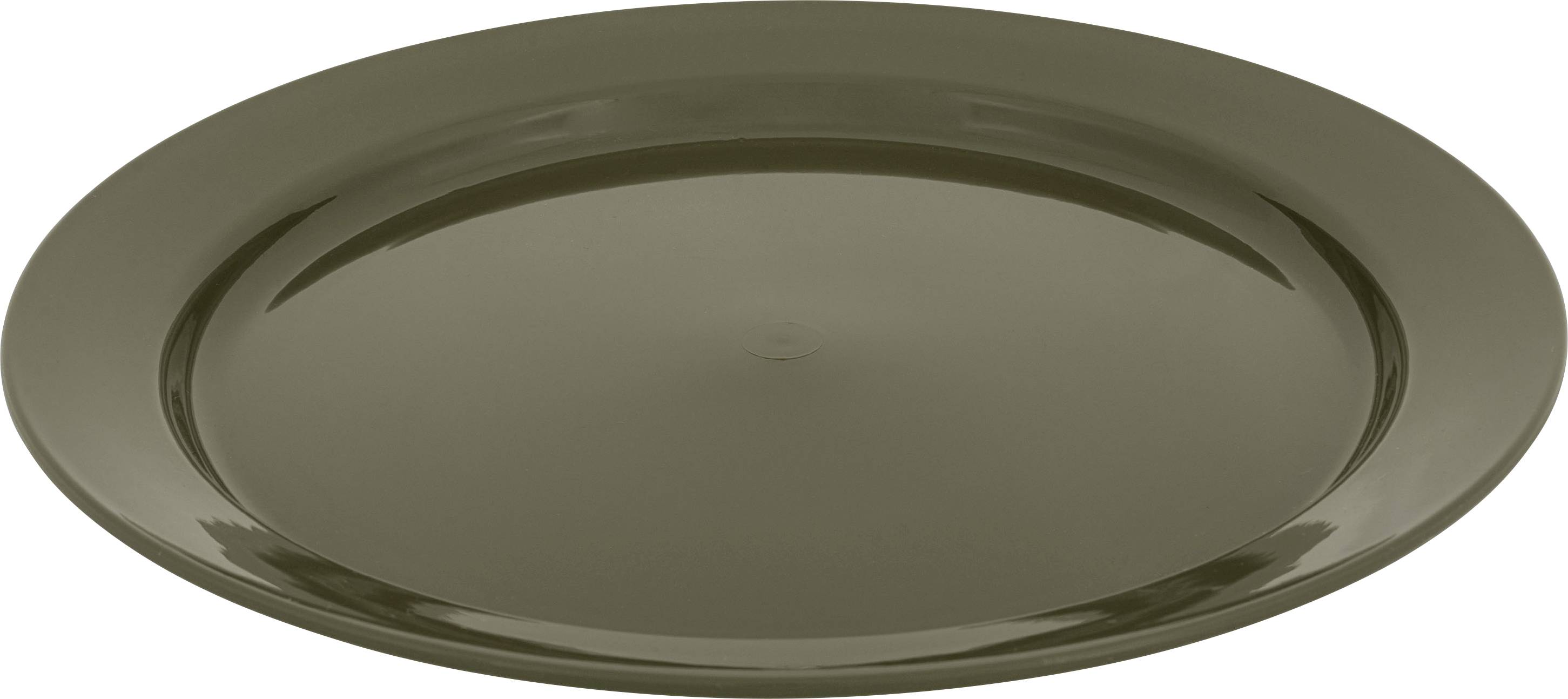 Ein schlichter, runder, dunkelbrauner Keramikteller mit glänzender Oberfläche, von oben betrachtet, auf neutralem Hintergrund.