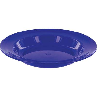Eine tiefblaue Keramikschale mit breitem Rand, von oben betrachtet.