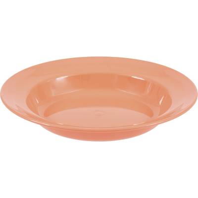 Eine orangefarbene Kunststoffschüssel mit glänzender Oberfläche, aus leicht schrägem Winkel gezeigt, die ihre glatte Oberfläche und flache Tiefe hervorhebt.