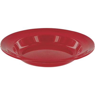 Eine leuchtend rote, runde, flache Schüssel mit einer glatten, glänzenden Oberfläche.