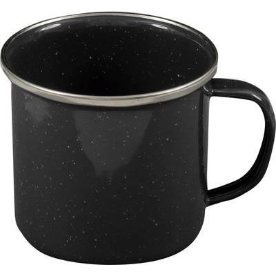 Eine schwarze Emailletasse mit Stahlrand und Griff, mit gesprenkeltem Design.