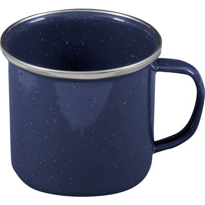 Ein blauer Emaillbecher mit Metallrand und Griff, der ein gesprenkeltes Design aufweist und häufig beim Camping oder bei Outdoor-Aktivitäten verwendet wird.