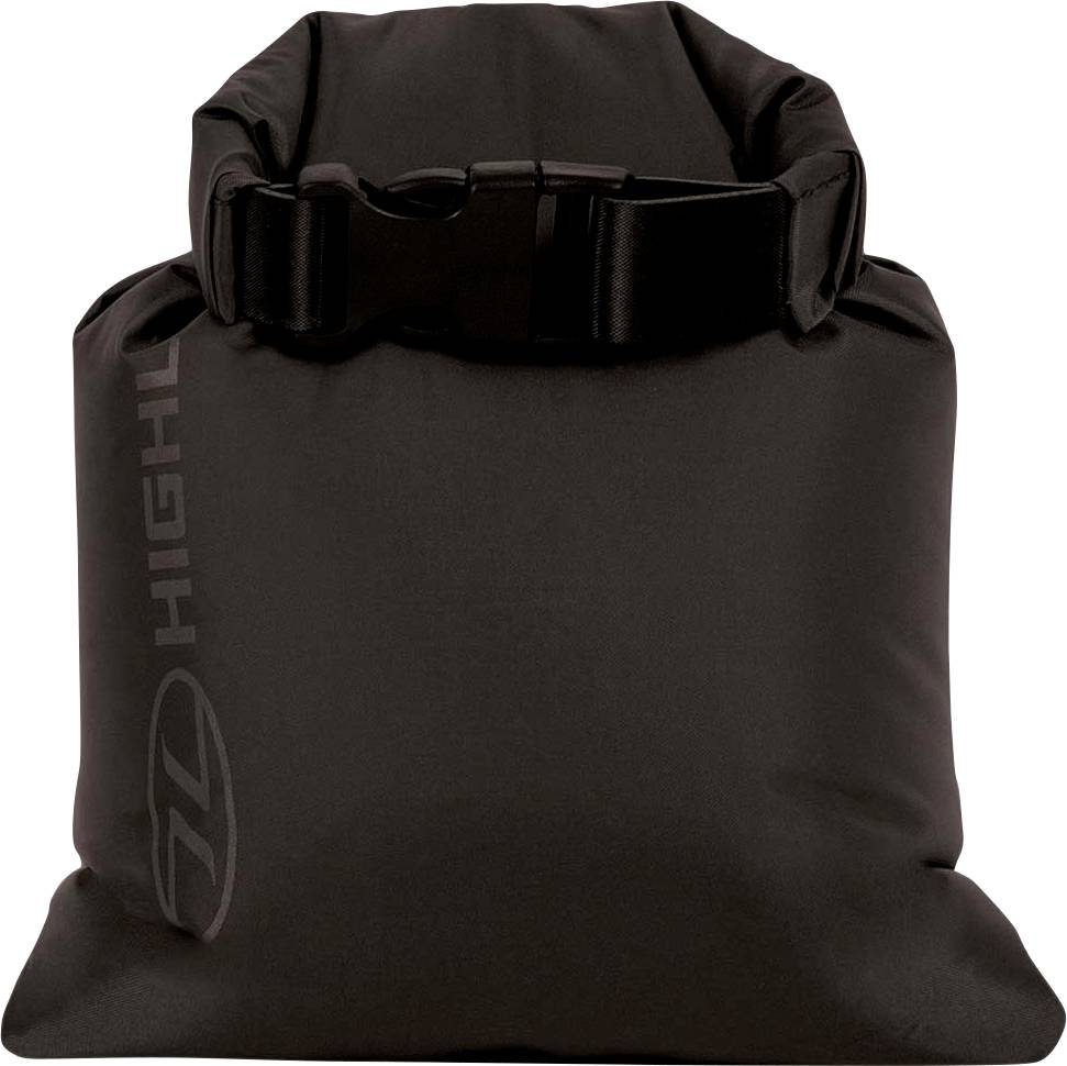 Eine schwarze, rollverschlossene wasserdichte Tasche mit Clip-Verschluss, die das Wort „HIGH" in vertikaler Ausrichtung auf der Seite trägt.