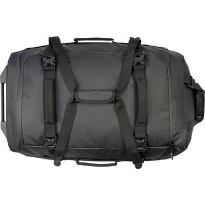 Eine große schwarze Sporttasche mit stabilen Griffen und Riemen wird gezeigt, wahrscheinlich zum Reisen oder für Sport verwendet. Sie verfügt über ein robustes Design.