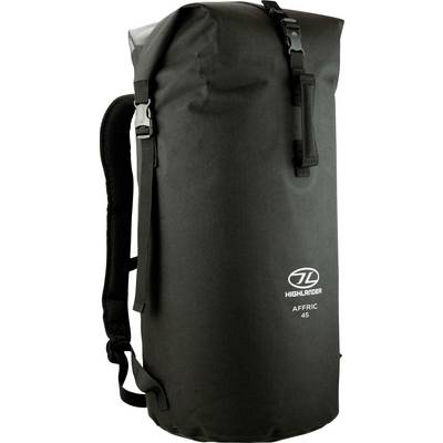 „AFFRIC 45" schwarzer wasserdichter Rucksack von Highlander mit Rolltop-Verschluss und verstellbaren Trägern.
