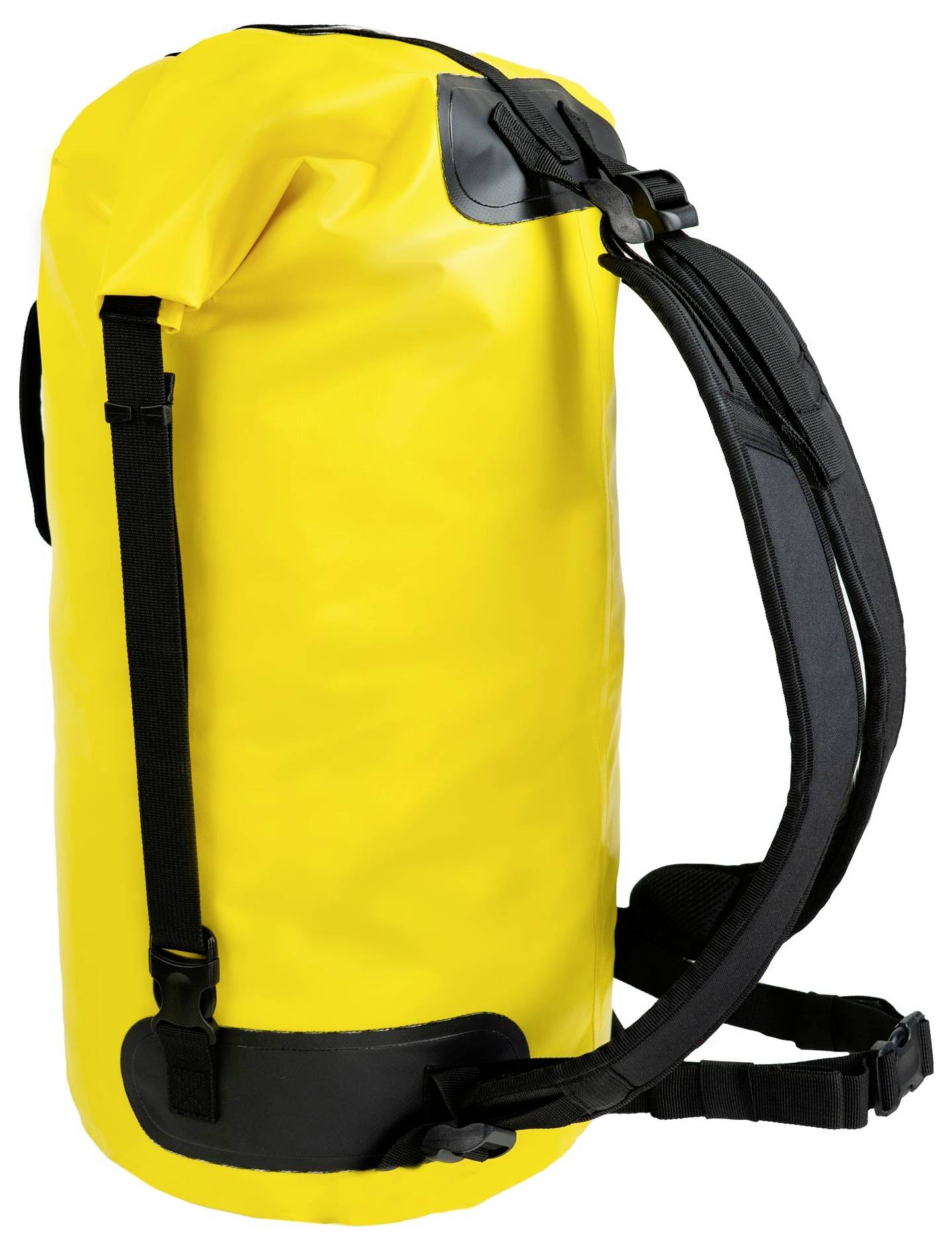 Ein großer gelber wasserdichter Rucksack mit schwarzen Riemen, mit dem "Highlander"-Logo auf der Vorderseite, entworfen für Outdoor-Aktivitäten.