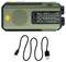 Ein tragbares Notfallradio mit Handkurbel, Solarpanel und USB-Ladekabel. Es verfügt über AM/FM-Bänder und eine Taschenlampe.