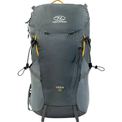 Ein grauer Rucksack mit "Highlander"-Logo und "Vega 25"-Text, mit mehreren Fächern und gelben Akzenten, für die Verwendung im Freien konzipiert.