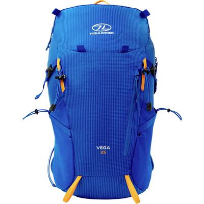 Ein blauer Wanderrucksack mit orangefarbenen Akzenten, Marke „Highlander" und Bezeichnung „Vega 25". Mit mehreren Reißverschlussfächern und verstellbaren Riemen ausgestattet.