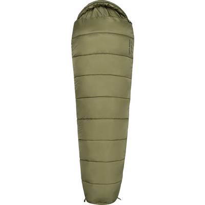 Ein grüner schlafack im Mumienstil mit Kapuze, konzipiert für Camping- und Outdoor-Nutzung.