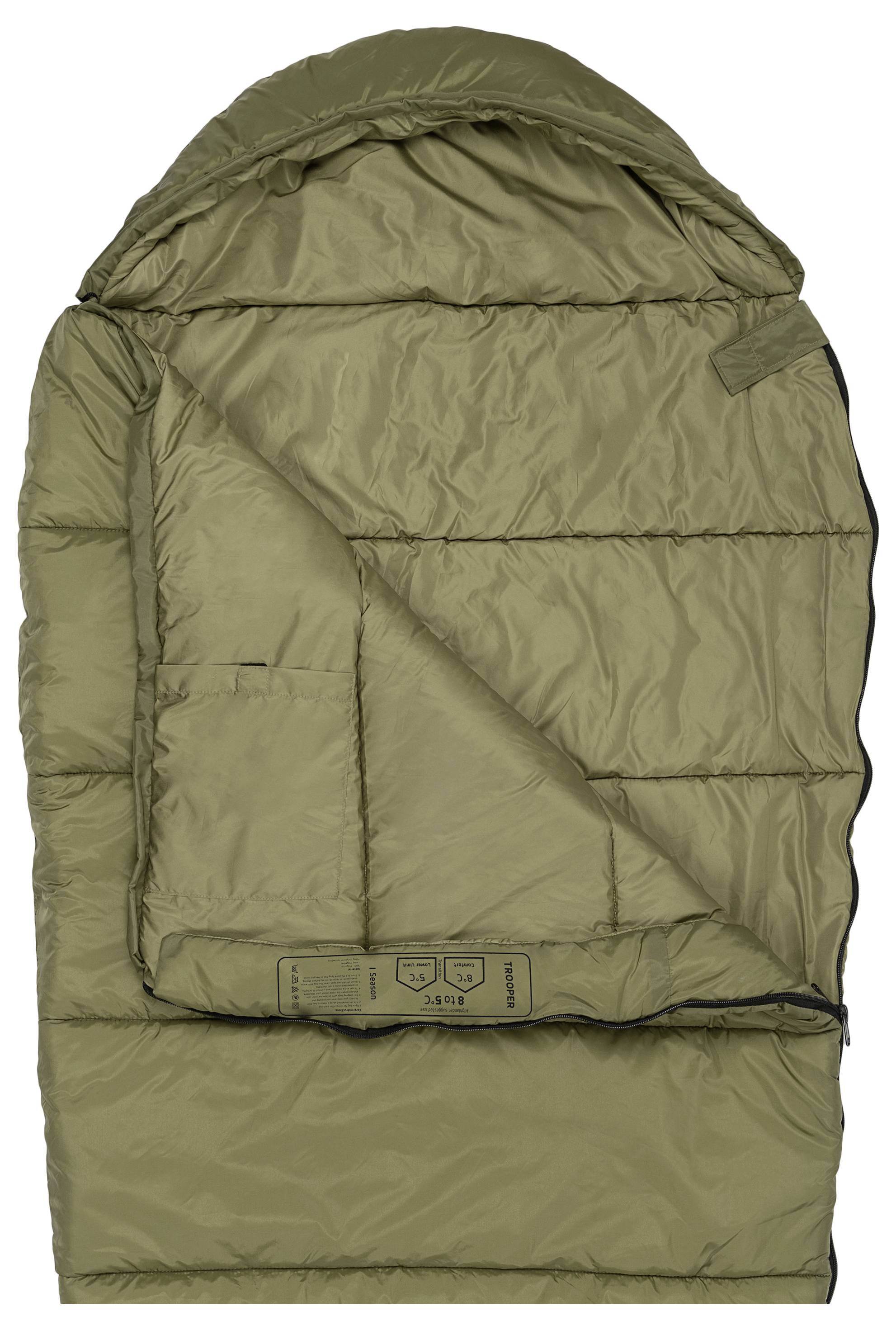 Grüner Schlafsack mit angebrachter Kapuze, teilweise ungeöffnet, das gesteppte Innenfutter zeigend.