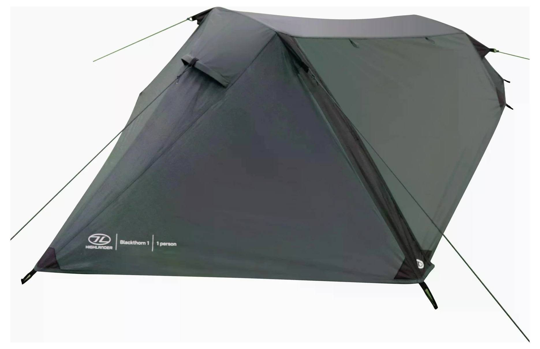 Ein dunkelgrünes Einzelpersonen-Zelt mit Spannseilen aufgespannt vor einem einfachen Hintergrund, entworfen für leichtes Einzelcamping.