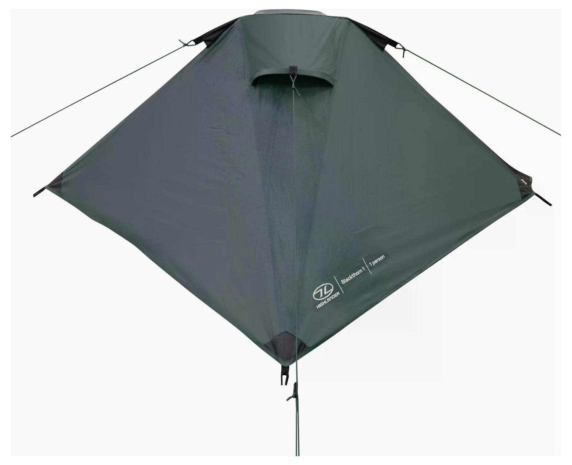 Ein grünes, pyramidenförmiges Zelt mit Spannseilen aufgebaut, für die Outdoor-Nutzung durch zwei Personen konzipiert. Der Markenname ist auf der Seite sichtbar.