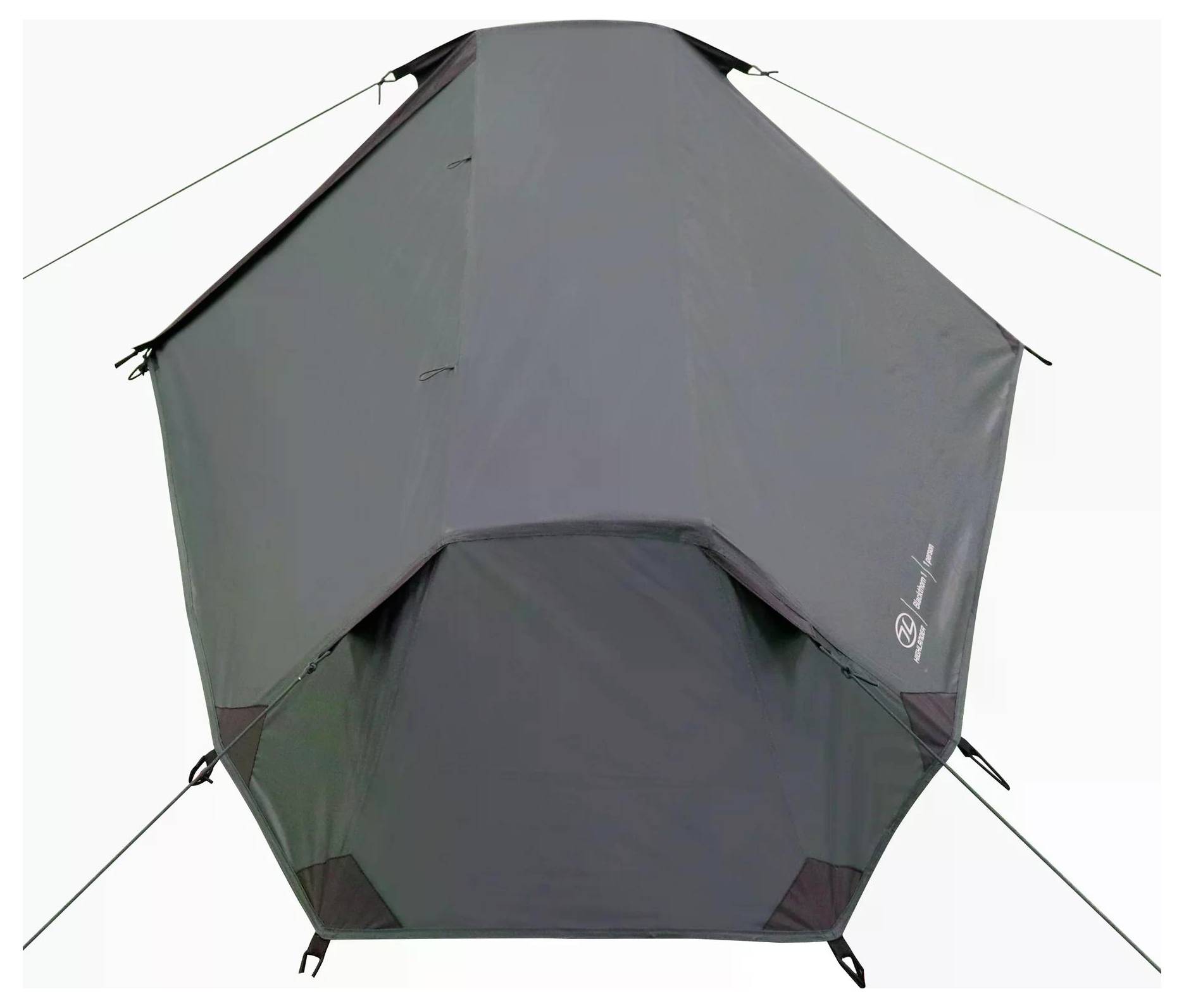 Ein grauadoptiertes, sechseckiges Zelt von vorne betrachtet, mit Spannleinen, die die Struktur sichern.