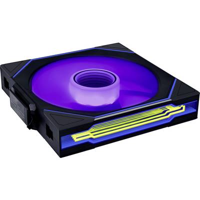 Ein quadratischer schwarzer Computer-Kühlventilator mit blauen LED-Lichtern und einem leuchtenden violetten Mittelteil, mit einem eleganten futuristischen Design.