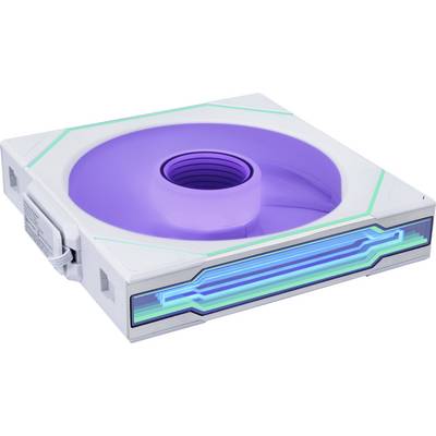 Ein futuristischer, quadratischer Lüfter mit leuchtend violettem Zentrum und blauen LED-Lichtern, wahrscheinlich zur Kühlung in elektronischen Geräten verwendet.