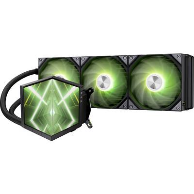Ein schwarzer Flüssigkeitskühler für die CPU mit drei beleuchteten grünen Lüftern, mit einem geometrischen Design auf der Pumpe mit grünen Beleuchtungsakzenten.