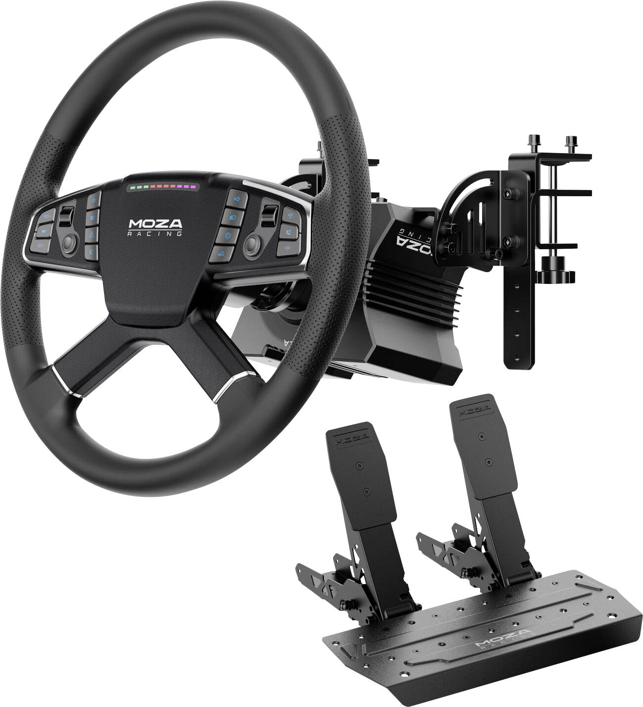 Ein Racing-Simulator-Setup mit einem Lenkrad mit mehreren Tasten und LED-Anzeigen, das mit Pedalen auf einer Plattform montiert ist.