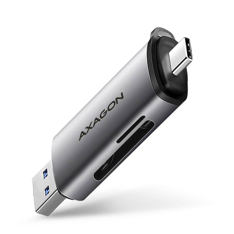 Silberes AXAGON USB-Laufwerk mit USB-A und USB-C-Anschlüssen auf weißem Hintergrund gezeigt.
