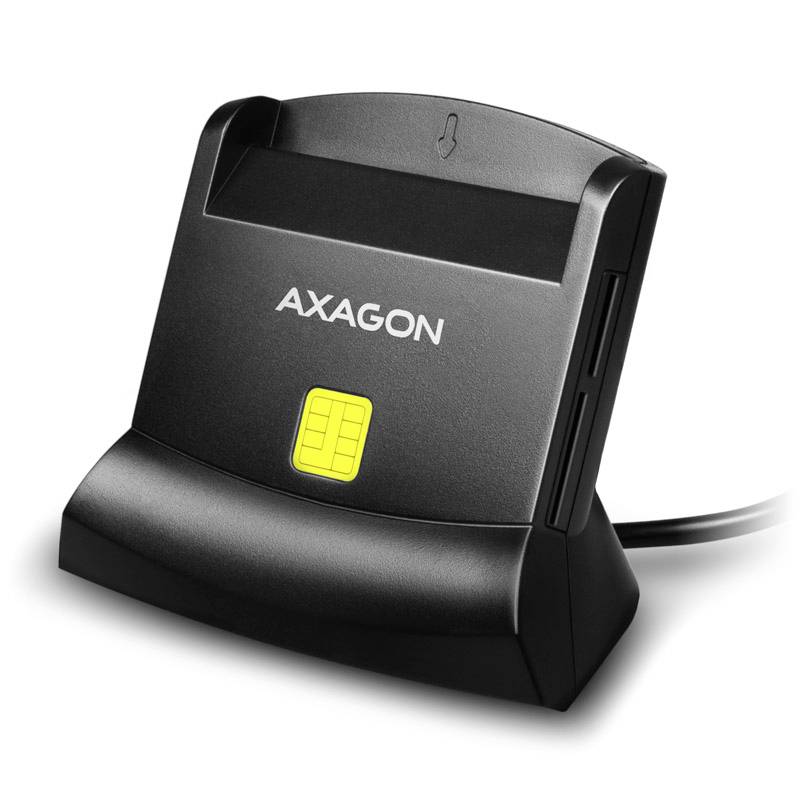 AXAGON USB-Kartenlesegerät-Dockingstation mit einem gelben Smartcard-Chip und verbundenem Kabel auf weißem Hintergrund.