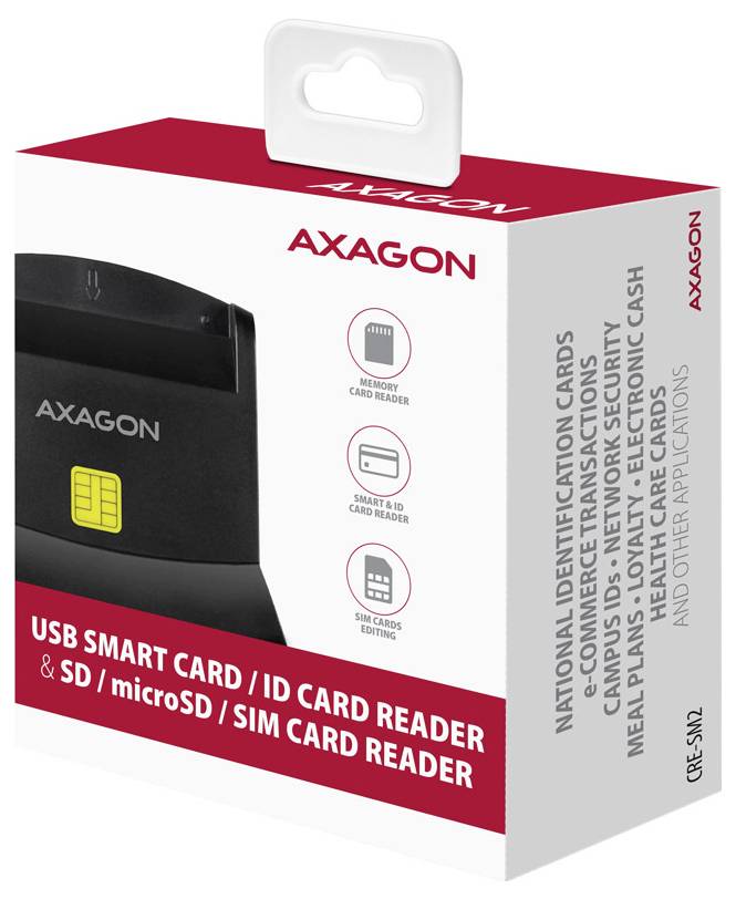 AXAGON USB Smart Card Reader Box mit Bildern des Lesegeräts und unterstützter Kartentypen: Memory-, Smart- und SIM-Karten.