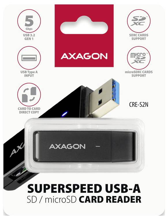 AXAGON SUPERSPEED USB-A SD/microSD-Kartenleser-Verpackung mit USB 3.2 Gen 1, SDXC- und microSDXC-Unterstützung sowie direktem Karte-zu-Karte-Kopieren.