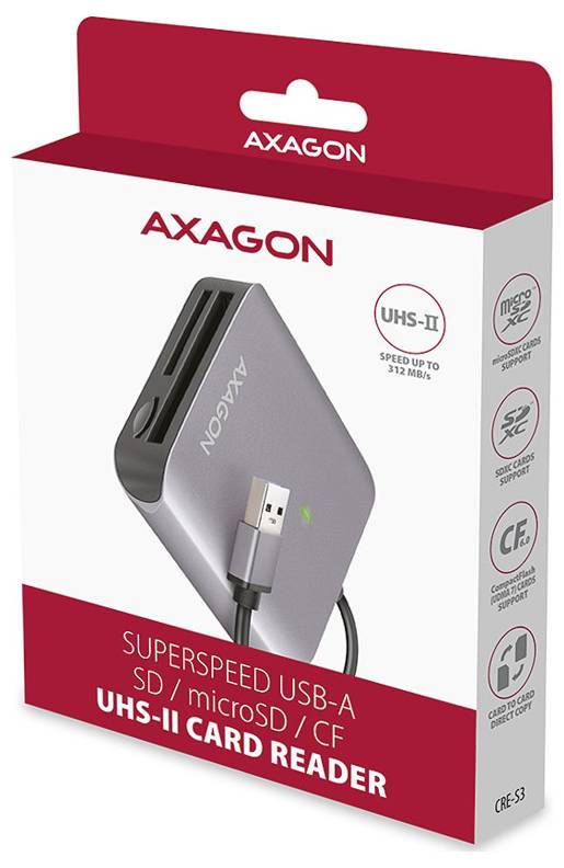 AXAGON Superspeed USB 3.0 Kartenleser für SD-, microSD-, CF- und UHS-II-Karten, gezeigt auf Einzelhandelverpackung.