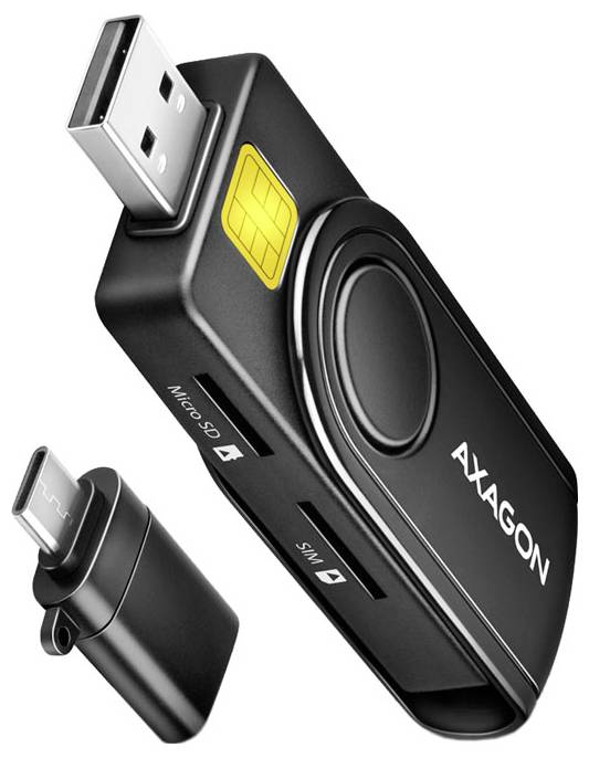 Schwarzer AXAGON USB-Kartenleser mit USB-A-Stecker, SIM-Slot und separatem Micro-USB-Adapter-Stecker auf weißem Hintergrund.