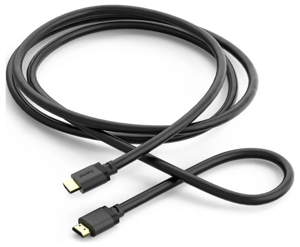 Ein schwarzes HDMI-Kabel liegt in einer Schleife vor, wobei an jedem Ende zwei vergoldete Stecker sichtbar sind.
