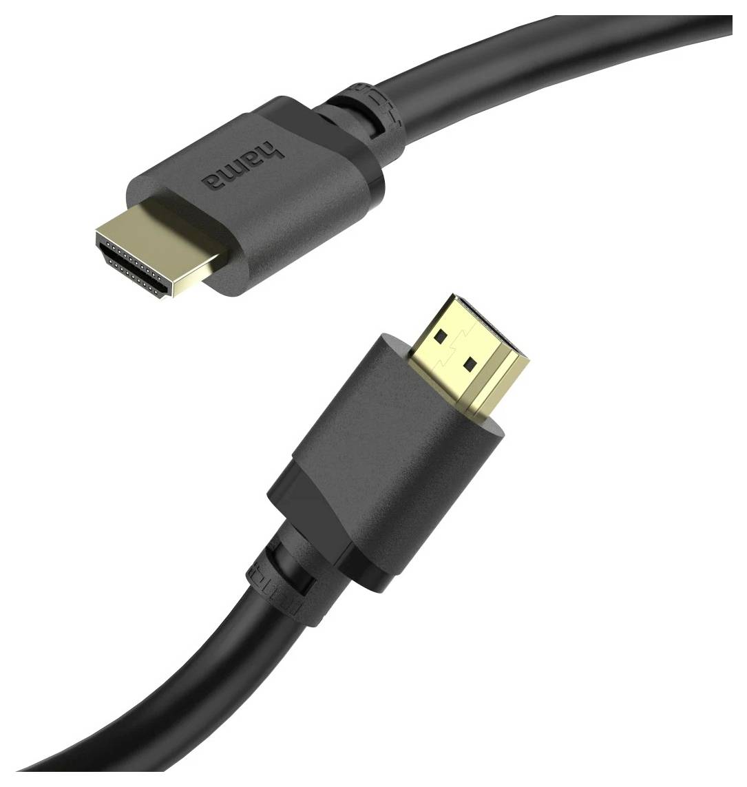 Zwei schwarze HDMI-Kabel mit vergoldeten Anschlüssen, eines mit der Aufschrift „Hama", werden aus verschiedenen Winkeln auf weißem Hintergrund gezeigt.