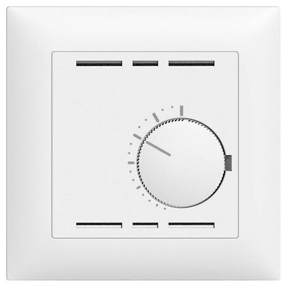 Ein weißes, an der Wand montiertes Thermostat mit einem Regler, der leicht über der Mittellinie eingestellt ist und eine gemäßigte Temperatureinstellung anzeigt.