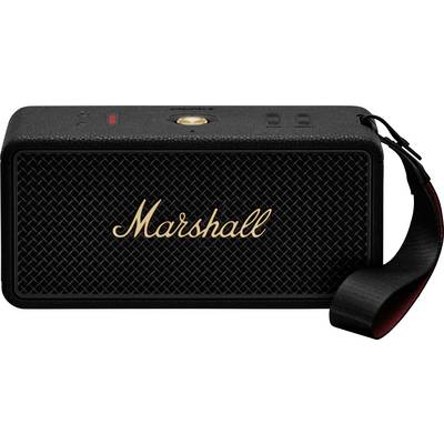 Ein tragbarer schwarzer Lautsprecher mit einem goldenen „Marshall"-Logo auf der Vorderseite. Er verfügt über eine strukturierte Oberfläche und einen Tragegurt.