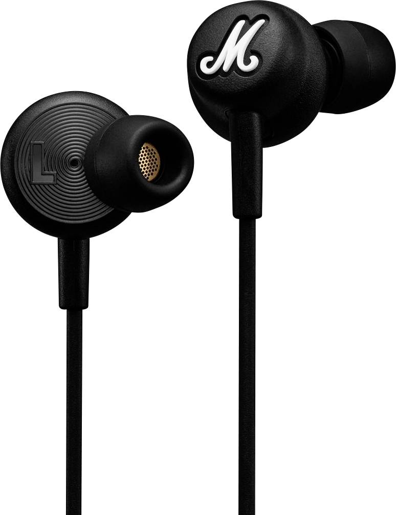 Schwarze Ohrhörer mit dem Buchstaben „M" auf einem Ohrhörer, mit angebrachtem Kabel. Modernes Design mit strukturierter Rückseite.