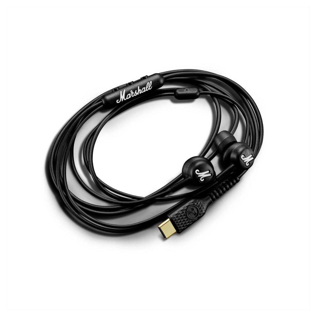 „Marshall" markierte schwarze Ohrhörer und Kabel mit 3,5-mm-Klinkenstecker, ordentlich aufgerollt.