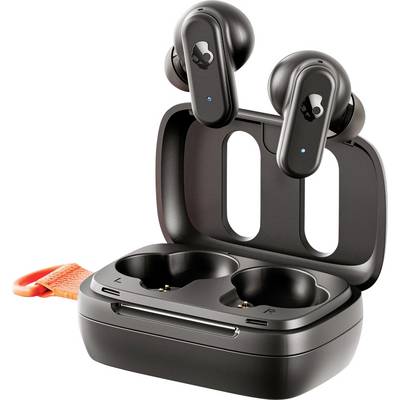 Schwarze kabellose Ohrhörer mit Ladeetui, orangem Riemen und LED-Anzeigen, die ein elegantes Design und moderne Funktionen zeigen.