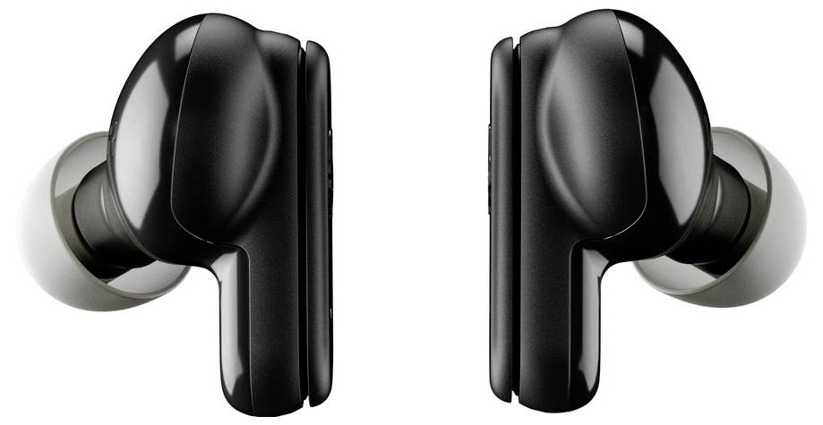 Schwarze kabellose Ohrhörer mit Silikonaufsätzen, die sich gegenseitig auf weißem Hintergrund zugewandt sind.