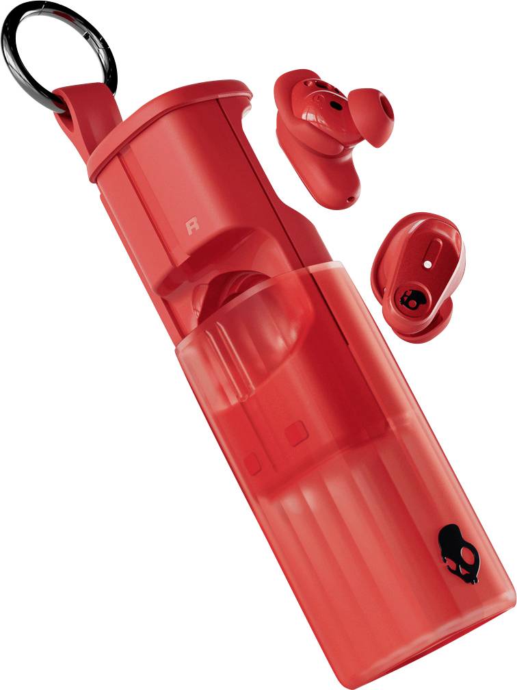 Rote kabellose Ohrhörer mit Ladeetui und Schlüsselanhänger-Befestigung, mit Totenkopf-Logo.
