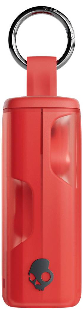 Rotes tragbares Ohrhörer-Etui mit angehängtem Schlüsselring, mit Schädel-Logo auf der Vorderseite.