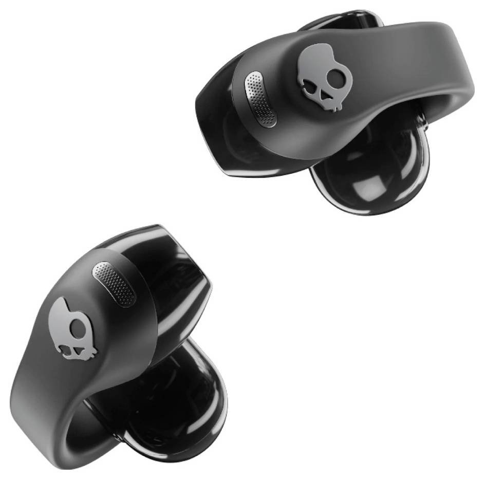 Schwarze kabellose Ohrhörer mit einem Totenkopf-Logo auf der Seite.