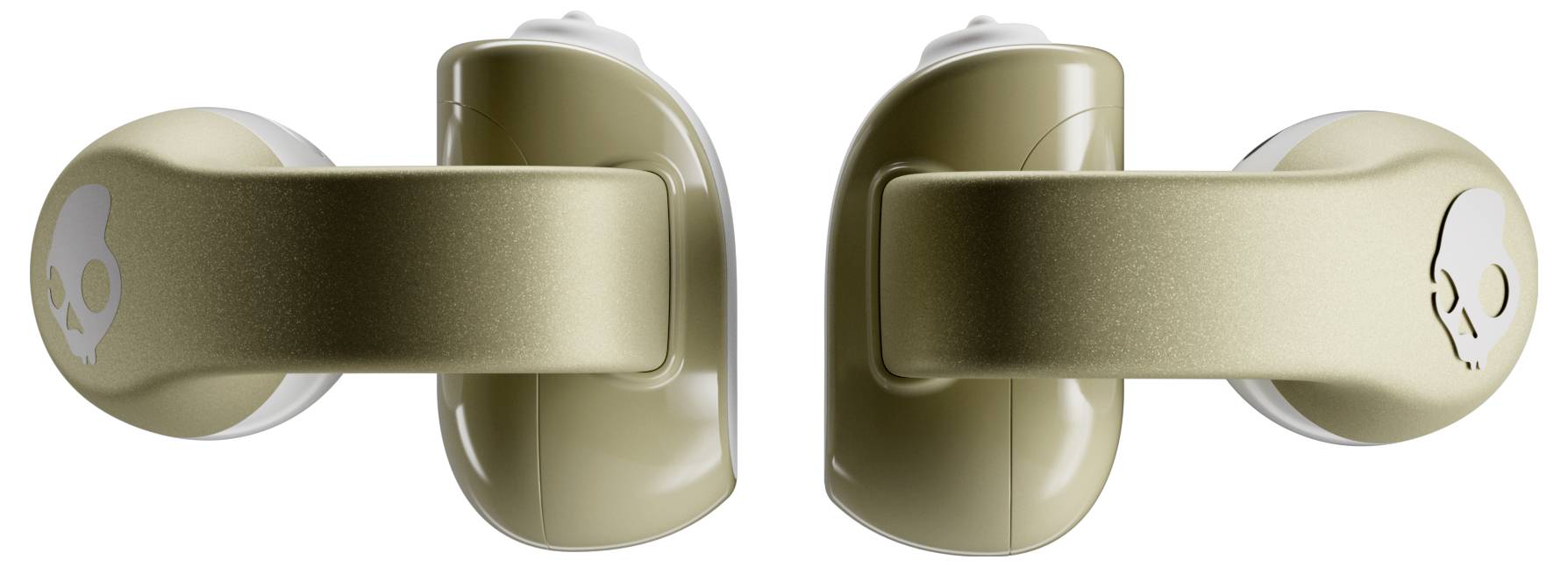 Ein Paar goldene kabellose Ohrhörer mit Schädel-Logos auf den Seiten, aus einer Seitenansicht gezeigt, die ihr glattes, kompaktes Design präsentiert.