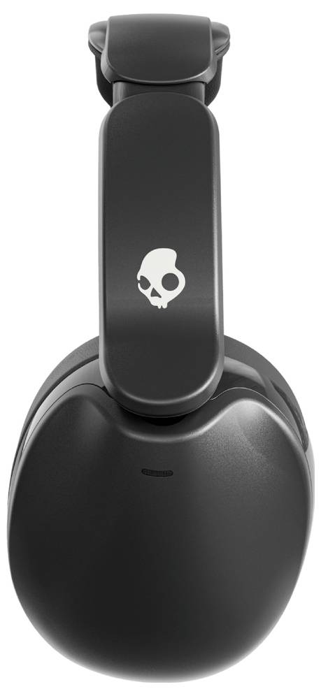 Schwarze Over-Ear-Kopfhörer mit Schädellogo auf der Seite, mit gepolstertem Ohrpolster und verstellbarem Kopfbügel.