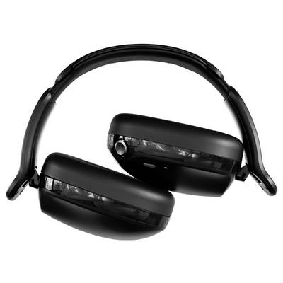Schwarze Over-Ear-Kopfhörer mit drahtloser Verbindung und schlankem Design, zusammengeklappt für kompakte Lagerung.