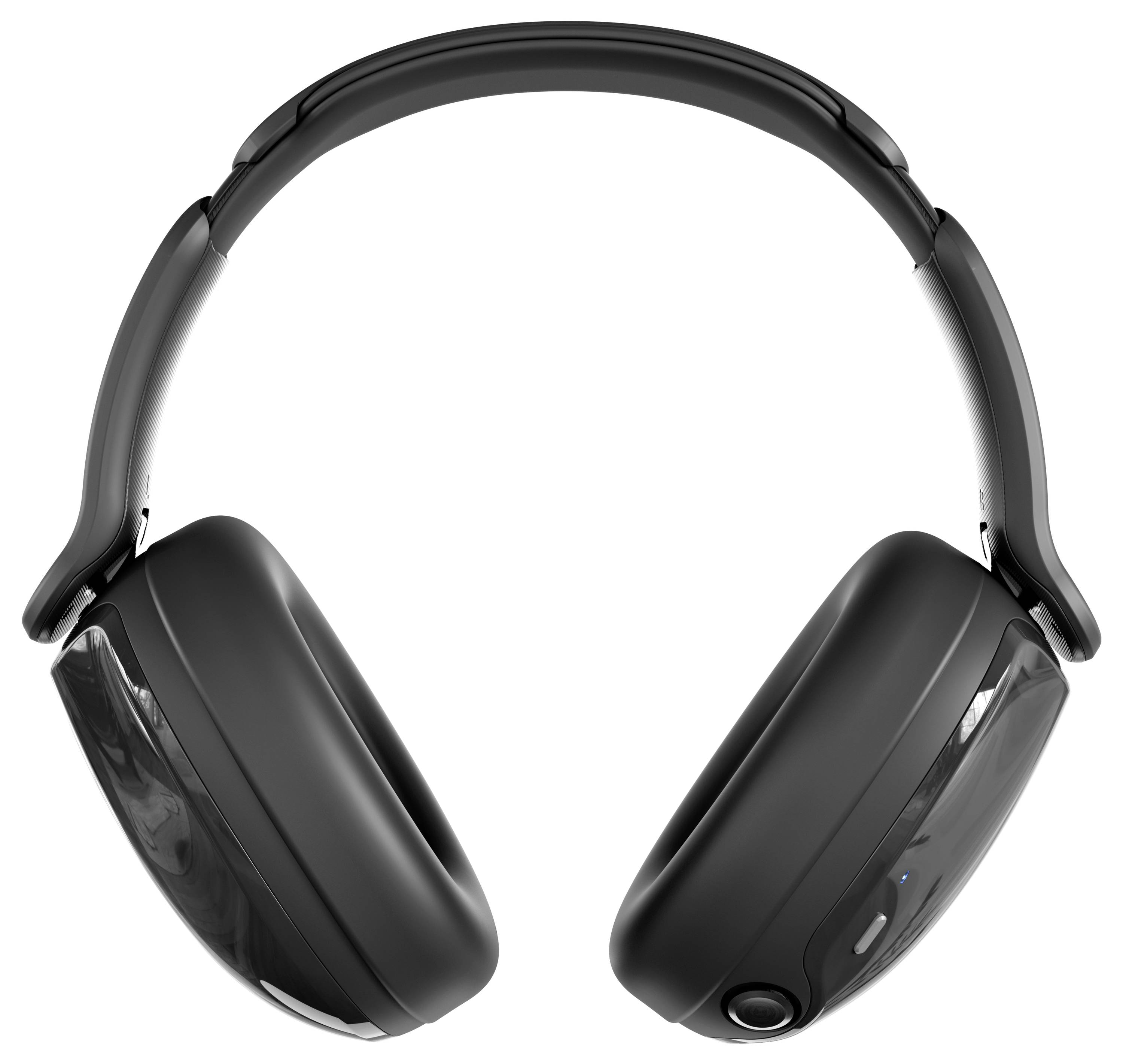 Schwarze Over-Ear-Kopfhörer mit gepolsterten Ohrpolstern und breitem Kopfbügel, aufrecht vor einem einfachen Hintergrund positioniert.