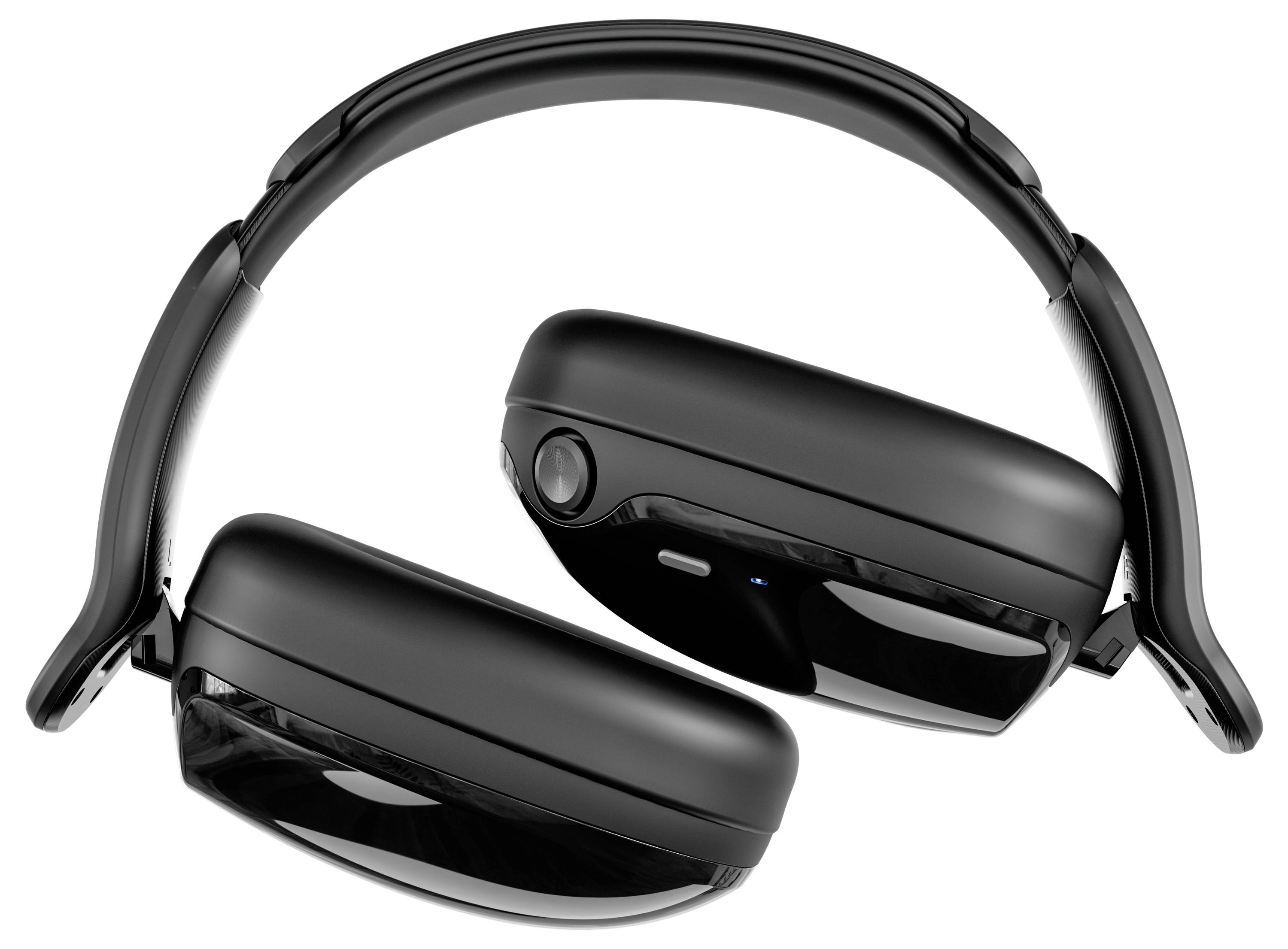 'Schwarze Over-Ear-Kopfhörer kabellos, kompakt zusammengeklappt, zeigen schlankes Design und Polsterung.'