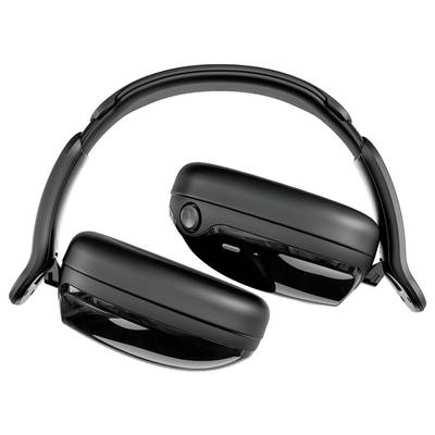 'Schwarze Over-Ear-Kopfhörer kabellos, kompakt zusammengeklappt, zeigen schlankes Design und Polsterung.'