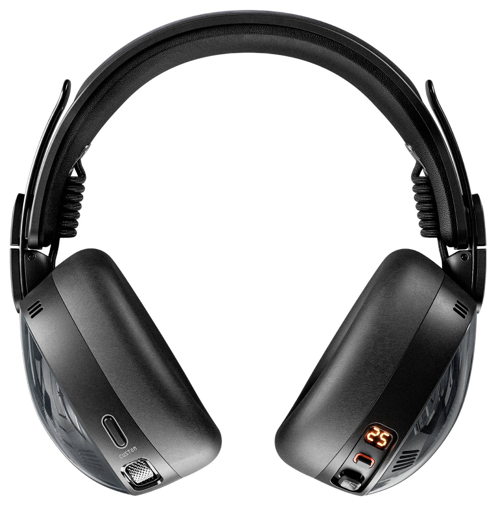 Schwarze Over-Ear-Kopfhörer mit kabelloser Verbindung, gepolstertem Kopfbügel, leuchtender digitaler Anzeige und Steuertasten an jeder Ohrmuschel.